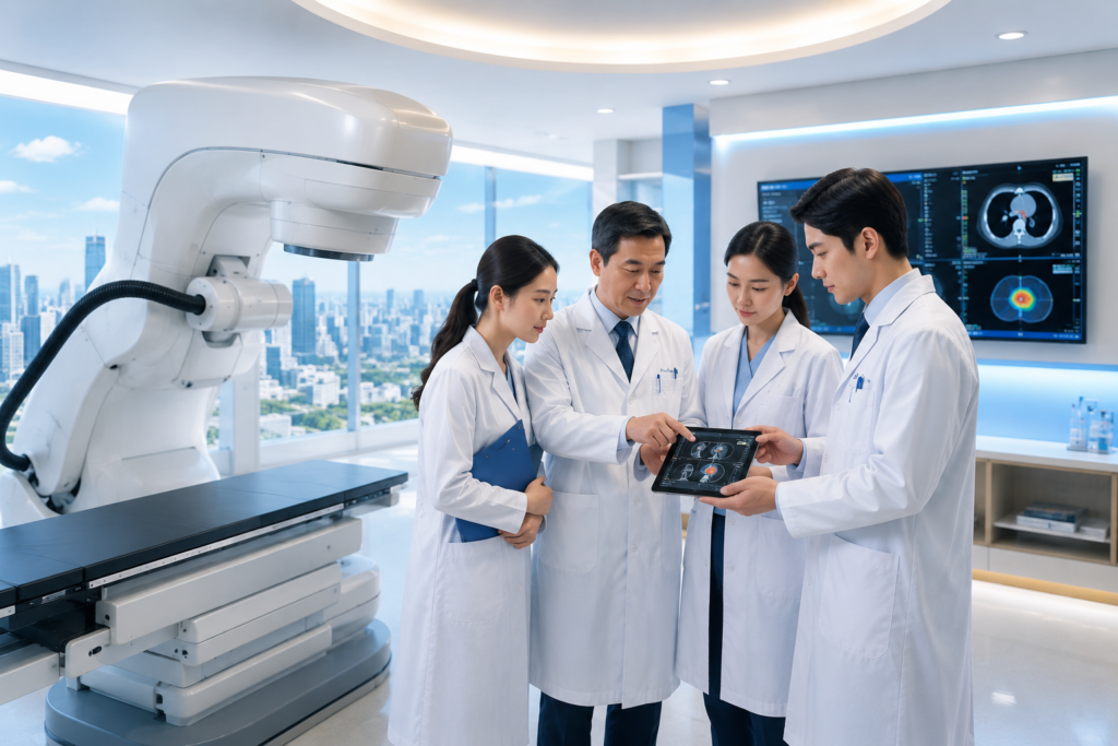 Teknologi medis modern untuk penanganan kanker melalui diagnosis, radioterapi presisi, terapi target, imunoterapi, dan pendekatan multidisiplin