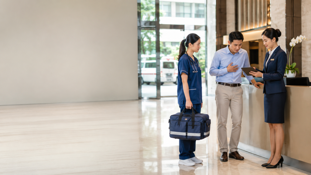 Medical Standby Hotel Jabodetabek dengan resepsionis hotel membantu tamu bersama tenaga kesehatan dalam koordinasi layanan kesehatan di lobby hotel.