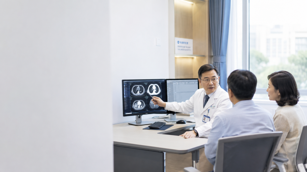 Dokter spesialis onkologi menjelaskan hasil CT scan kepada pasien dan keluarga saat konsultasi di Guangzhou Fosun Chancheng Hospital.