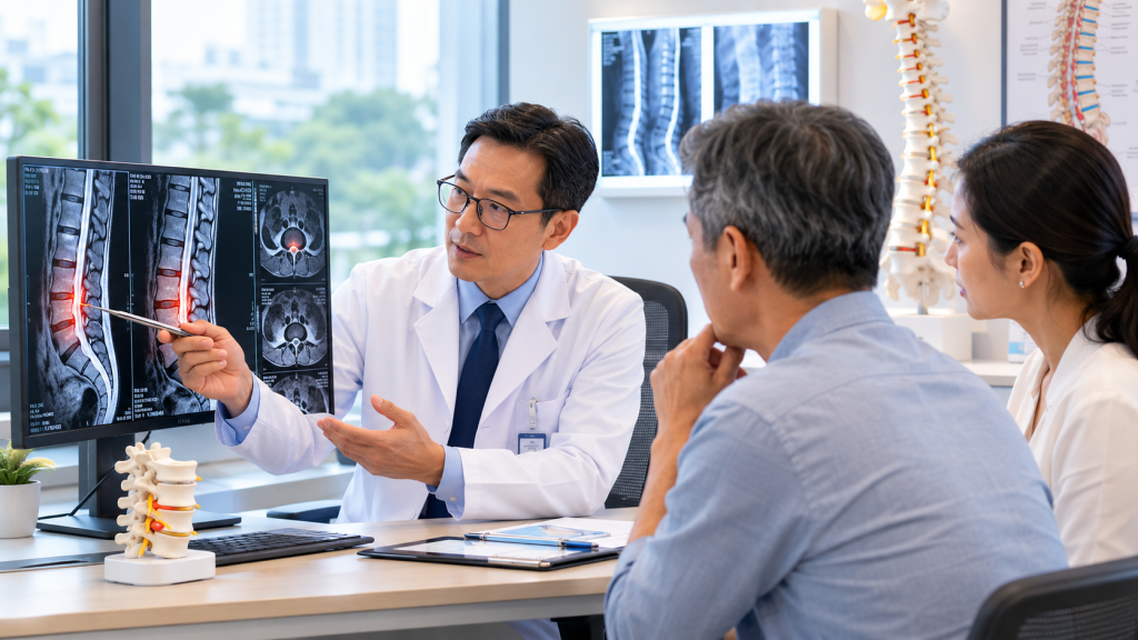 Dokter spesialis tulang belakang menjelaskan hasil MRI tulang belakang kepada pasien dan keluarga saat konsultasi di Guangzhou Fosun Chancheng Hospital.