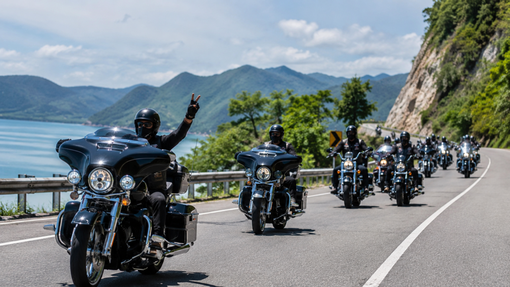 Konvoi motor touring bergaya Harley-Davidson melintas di jalan raya Indonesia dengan dukungan perjalanan yang tertib dan aman.