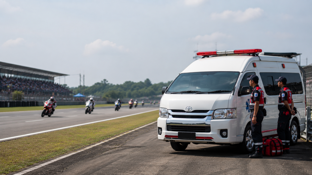 Ambulans bersiaga pada penyelenggaraan balap motor di Indonesia.