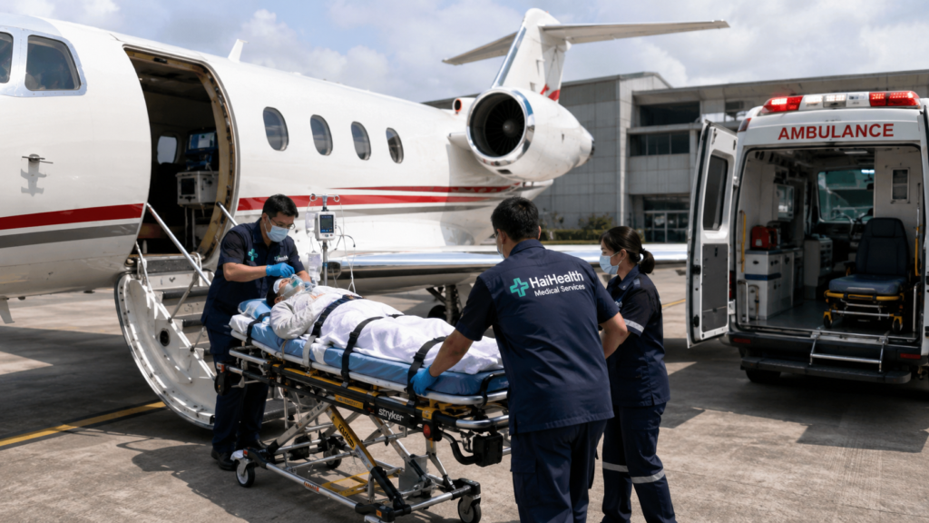 Air Ambulance Indonesia melakukan transportasi medis pasien menggunakan pesawat ambulans udara dengan pendampingan tim medis.