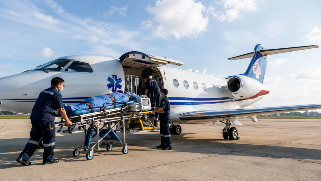 Proses pemindahan pasien menggunakan Air Ambulance dengan pendampingan tim medis menuju pesawat untuk transportasi medis udara.