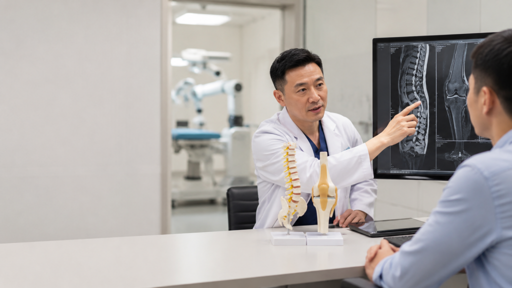 Dokter ortopedi menjelaskan kondisi tulang belakang dan sendi kepada pasien sebagai bagian dari evaluasi penyakit ortopedi sebelum menentukan pilihan penanganan sesuai indikasi medis.