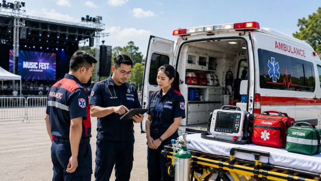 Ambulance event dengan tim medis bersiaga memberikan pelayanan medis gawat darurat di lokasi acara