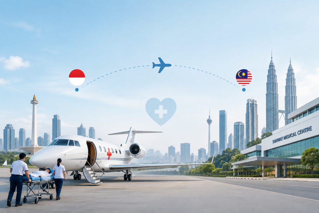 Air Ambulance Indonesia ke Malaysia untuk transfer pasien menuju Sunway Medical Centre Damansara, dengan pesawat medis, ambulans, dan pendampingan medis.
