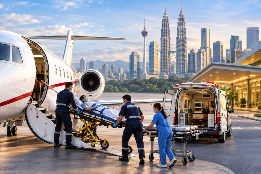 Air Ambulance Indonesia ke Malaysia dengan Medical Assistance dan Medical Escort untuk transfer pasien secara medis hingga rumah sakit tujuan.
