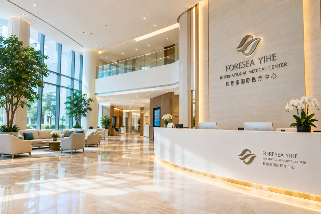 Ilustrasi lobi Foresea Yihe International Medical Center untuk artikel layanan anti-aging dan perawatan kulit di Guangzhou, China.